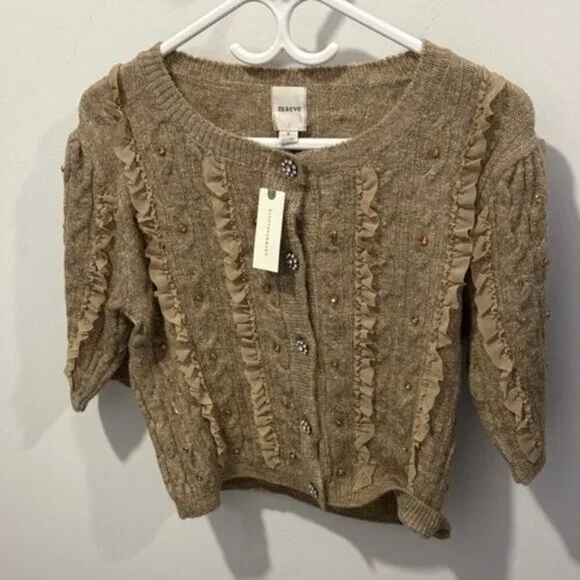 Maeve Embellished Tan Ruffle Button Cardigan - Picture 4 of 8